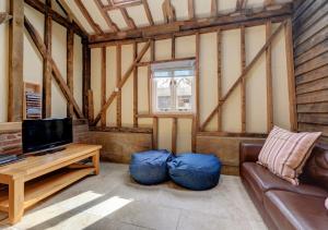 Vale Farm Barns Sutton في Sutton: غرفة معيشة مع أريكة واكياس فول زرقاء