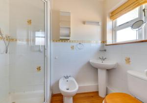 a bathroom with a shower and a toilet and a sink at The Spinney in Reydon