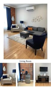 two pictures of a living room with a couch and a living room at Brickhouse Loft - a boutique hotel in Martinsville +24 photos