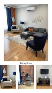 two pictures of a living room with a couch and a living room at Brickhouse Loft - a boutique hotel in Martinsville