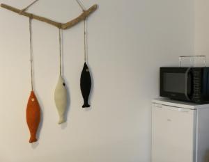 trzy haczyki na ryby wiszące na ścianie obok mikrofalówki w obiekcie Art et Nature w mieście Abbeville