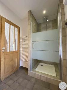 a bathroom with a shower and a glass door at Chambres d'Hôtes L'Escale in Émeringes