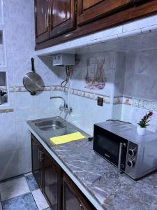 a kitchen with a sink and a microwave at IDGA appartement with panoramic view in Chefchaouen