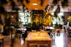 un ristorante con tavoli e sedie in legno e piante di Vakantiepark de Molenhoek a Kamperland