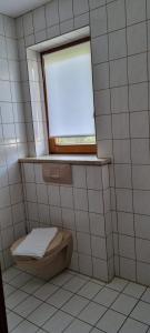 a small bathroom with a toilet with a window at JÄGERWINKL 2 in Rettenberg