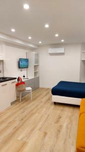 Cet appartement comprend une chambre avec un lit, une cuisine et une télévision. dans l'établissement Il Munazzeno Centro Storico Amalfi, à Amalfi