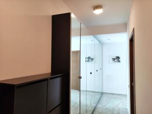 a glass shower in a bathroom with a black cabinet at Nature Escape Amazing Sea View in Budva +7 photos