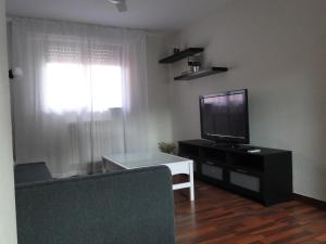 sala de estar con TV y sofá en INSULA PLAzA MAYOR ATICO, en Astorga