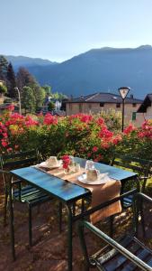 a blue table and chairs with flowers in a garden at B&B Santa Brigida in Santa Brigida