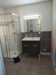 a bathroom with a sink and a shower with a mirror at Thermalines in Saint-Gervais-les-Bains