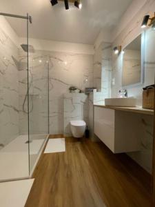 a bathroom with a shower and a toilet and a sink at Zacisze apartament in Zielona Góra