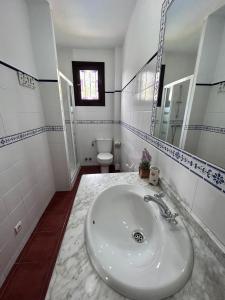 een witte badkamer met een wastafel en een toilet bij Villa en Frigiliana con Piscina y Jacuzzi in Frigiliana