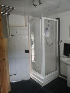 a bathroom with a shower and a toilet and a sink at Kirtomy Cottage, Kirtomy, near Farr Beach, Bettyhill and Thurso in Farr