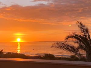 una puesta de sol sobre el océano con una palmera en Villa Le Mimose, en Pozzallo