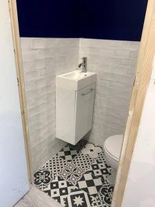 La salle de bains est pourvue de toilettes et d'un lavabo. dans l'établissement AUBERVILLIERS COSY, à Aubervilliers