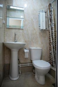 ein Badezimmer mit einem Waschbecken, einem WC und einem Spiegel in der Unterkunft ASA Hotel in Yerevan