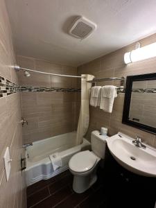 a bathroom with a white toilet and a sink at Bestway Inn in Muncie +5 photos