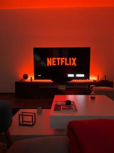 a television with a netflix sign on it in a living room at Entire Private House in Roveredo