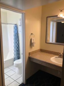 a bathroom with a sink and a toilet and a mirror at Holiday Motel Oakdale in Oakdale