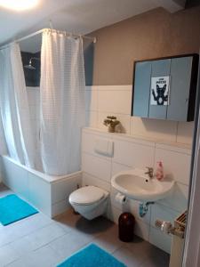 a small bathroom with a toilet and a sink at Flensburg Mitte 38 in Flensburg
