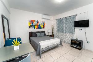 a bedroom with a bed and a flat screen tv at Green Studio 1 - just 7 min drive to the beach in Rincon