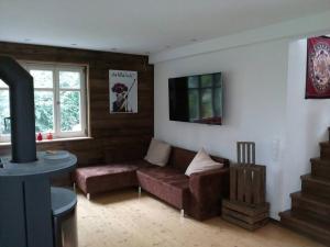 een woonkamer met een bank en een tv bij Wohnung am Fuße des Schwarzwalds in Oberkirch