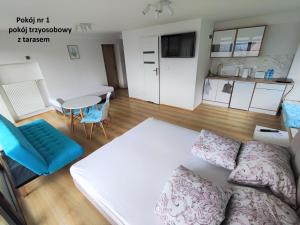 salon z łóżkiem i stołem w obiekcie Apartamenty Monterska w Bielsku Białej