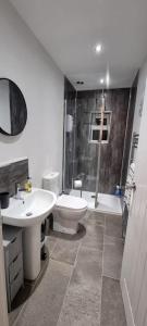 y baño con aseo, lavabo y ducha. en The Squirrels- Alresford, Essex, en Alresford