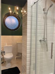 a bathroom with a toilet and a glass shower at Kulautuva Park Apartments in Kulautuva +47 photos