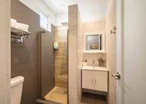 a bathroom with a shower and a sink and a toilet at Rosalina Isla Verde in San Juan