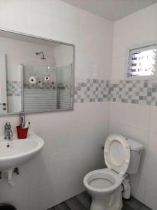 uma casa de banho com um lavatório, um WC e um espelho. em Cute and cosy 2 rooms Apartment em Ashdod