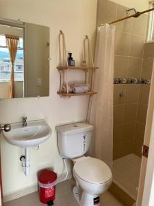 ein Bad mit einem WC, einem Waschbecken und einer Dusche in der Unterkunft Hotel el Turista in Florencia