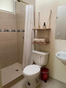 a bathroom with a toilet and a sink and a shower at Hotel el Turista in Florencia