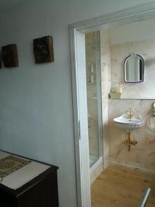 y baño con ducha y lavamanos. en Gästehaus Fuchsröhre, en Welcherath
