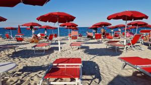 a bunch of chairs and umbrellas on a beach at Nina's house 1 a 300 metri dal mare in Santa Caterina Dello Ionio Marina
