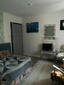 ein Schlafzimmer mit einem Bett und einem TV an der Wand in der Unterkunft Gästehaus Fuchsröhre in Welcherath