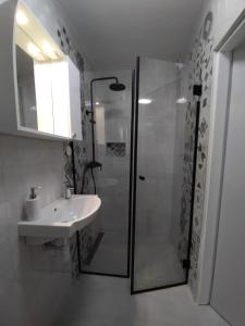 baño blanco con ducha y lavamanos en Apartments & Rooms No.1, en Zadar