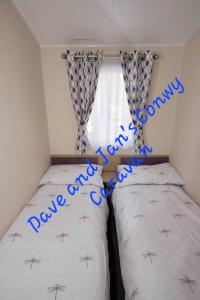 Dave and Jan's Conwy Caravan-Bryn Morfa في ديجانوي: غرفة نوم بسريرين ونافذة كتابة زرقاء