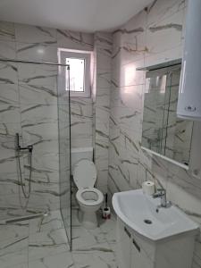 La salle de bains est pourvue de toilettes et d'un lavabo. dans l'établissement Apartmani Swiss LUX Pozarevac, à Požarevac