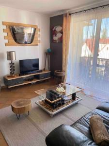 a living room with a couch and a tv at Logement idéal pour un séjour alsacien en amoureux in Colmar