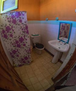 y baño con lavabo, aseo y cortina de ducha. en Bichon La Casa Hostal en Pichilemu