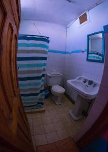 a bathroom with a sink and a toilet and a shower curtain at Bichon La Casa Hostal in Pichilemu