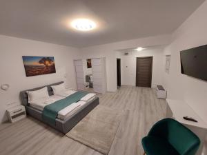 a bedroom with a bed and a flat screen tv at NoMi Ultracentral Apartments in Târgu-Mureş