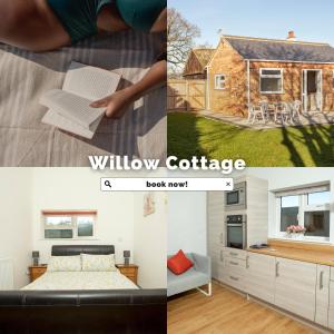 un collage de fotos de un dormitorio y una casa en Willow Cottage a quaint holiday cottage in Wigtoft Boston Lincolnshire, en Boston
