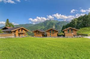 a group of houses in a field with mountains in the background at Ski-in Ski-out Chalet Maiskogel 13A - by Alpen Apartments in Kaprun