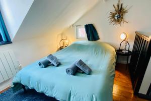 a bedroom with a bed with two pillows on it at La Maison des Plantes, charmante, atypique et cosy pour 4 personnes avec parking et jardin in Rouen