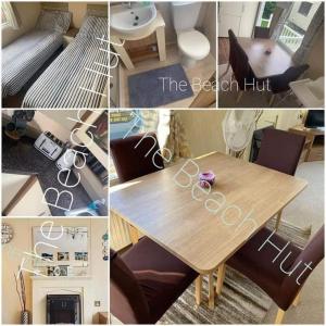 a collage of pictures of a table and a dining room at The Beach Hut on Lyons Winkups Holiday Park in Kinmel Bay