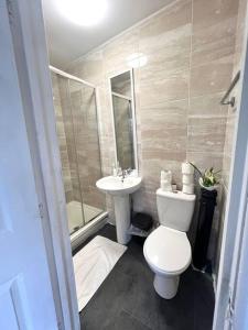 a bathroom with a toilet and a sink at Very Nice Studio Flat in a Great Location in London