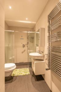 a bathroom with a toilet and a sink and a shower at Basha Apartment PREMIUM Sopot 2 in Sopot