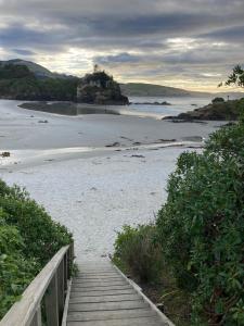 a wooden boardwalk leading to a beach with the ocean at Brighton Beach in Dunedin